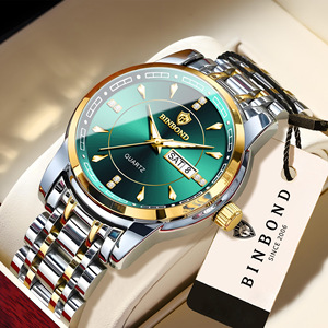 Baround Men's Quartz Watch Green Dial Stainless Steel Band Waterproof Luminous Calendar Business Style Wristwatch - Product Image 5