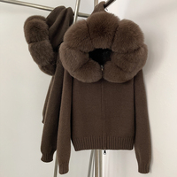 OFTBUY Cardigan en tricot avec col en vraie fourrure de renard pour femme, veste pull zippée à capuche en fourrure amovible, manteau d'hiver ample et oversize