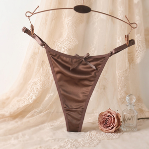 Culottes string en satin pour femmes, avec joli nœud, bretelles fines réglables, taille basse, lingerie T-back, couleur unie, ultra-fines, en soie glacée, OEM ODM - Product Image 3