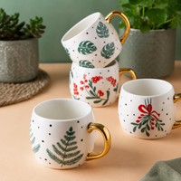 Mug Kopi Keramik Stylish Grosir dengan Pinggiran Emas, Cetakan Tanaman Hijau, Porselen 11oz, Logo Custom, Perlengkapan Minum untuk Dekorasi Rumah