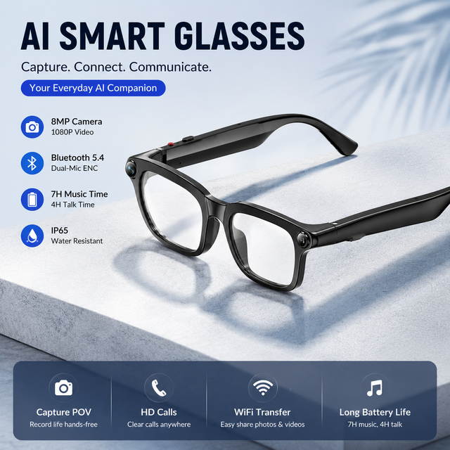 2026 New AI Smart Glasses with 1080P Camera BT 5.4 WiFi Video Recording Audio Music Glasses