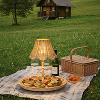 Lampe de table rechargeable en bambou sans fil à commande tactile, abat-jour en rotin, pour mariage, camping, LED à intensité variable alimentée par batterie