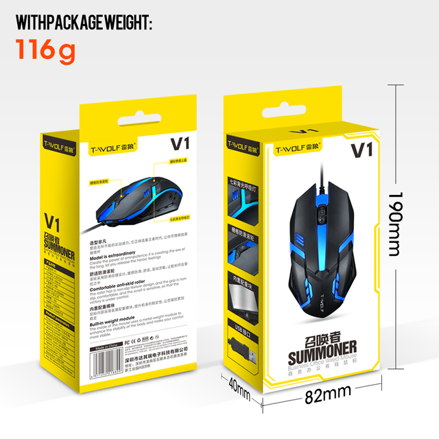 T-WOLF Souris Wired Mice LED 3D 1000DPI Mouse Wired Optical PC Gaming Gamer Mouse Computer Accessories and Parts
