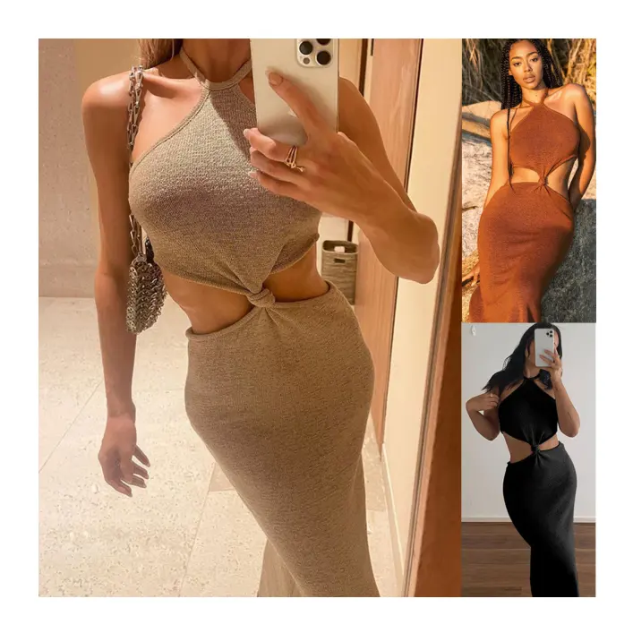 Women Fashion Clothing Solid Color Hollow Out Skinny High Waist Halter Dress Ladies High Quality Elegant Maxi Long Sexy Dresses