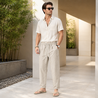 Pantalon long décontracté en coton et lin pour homme avec logo personnalisé, coupe ample, taille élastique et cordon de serrage, léger, idéal pour la plage et l'été