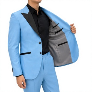 Costume de smoking bleu clair confortable en polyester pour homme, simple boutonnage, revers cranté, finition noire, tenue de cérémonie pour mariage et soirée - Product Image 2