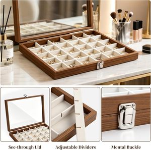 Boîte de rangement et de présentation rectangulaire en bois de noyer foncé pour bijoux, avec doublure en velours, pour bagues, colliers, bracelets, pendentifs, boucles d'oreilles - Product Image 4