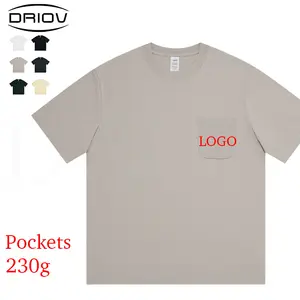 Camiseta masculina lisa com bolsos 230 G/M camisas grandes vintage personalizadas 100% algodão verão em branco com bolso