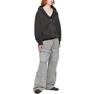 TOPSHOW High Quality Drop Shoulder French Terry 100% Cotton Hoody Stringless Blank Cropped Acid Wash Full <b>Zip</b> <b>up</b> <b>Hoodie</b> Men - Product Image 4