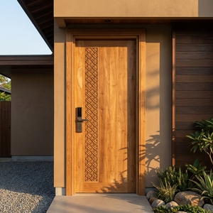 Une porte moderne et minimaliste en bois massif, dotée d'un motif géométrique vertical sculpté et d'une serrure intelligente avancée. - Product Image 2