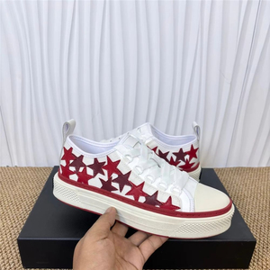 White Canvas <b>Sneakers</b> With Red Star Pattern Platform Lace-Up Round Toe Breathable All Seasons Walking Shoes - Product Image 1