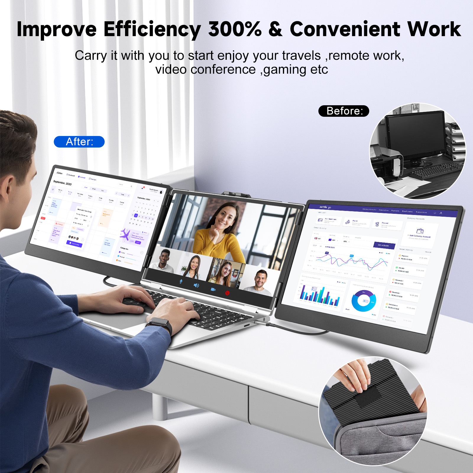 portable 3 display type c laptop monitor