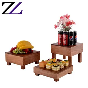 Banquet party modern design hotel tables counter showcase buffet high tea cake display stands riser cake stand natural wood