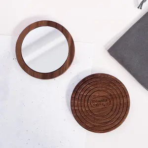 Private Label Single Side Round Mini Pocket Mirror specchio cosmetico argento compatto Led Pocket Mirror Support 2022 Custom wood
