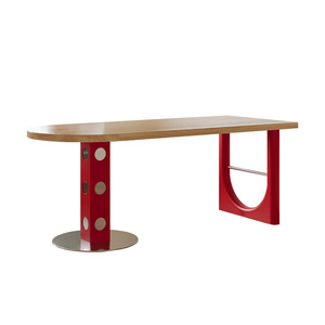 Tavolo da Pranzo con Piano in Legno Massello Stile Memphis, Tavolo Ovale con Base in Metallo Colorato Creativo, Arredamento Moderno per Sala da Pranzo - Product Image 5