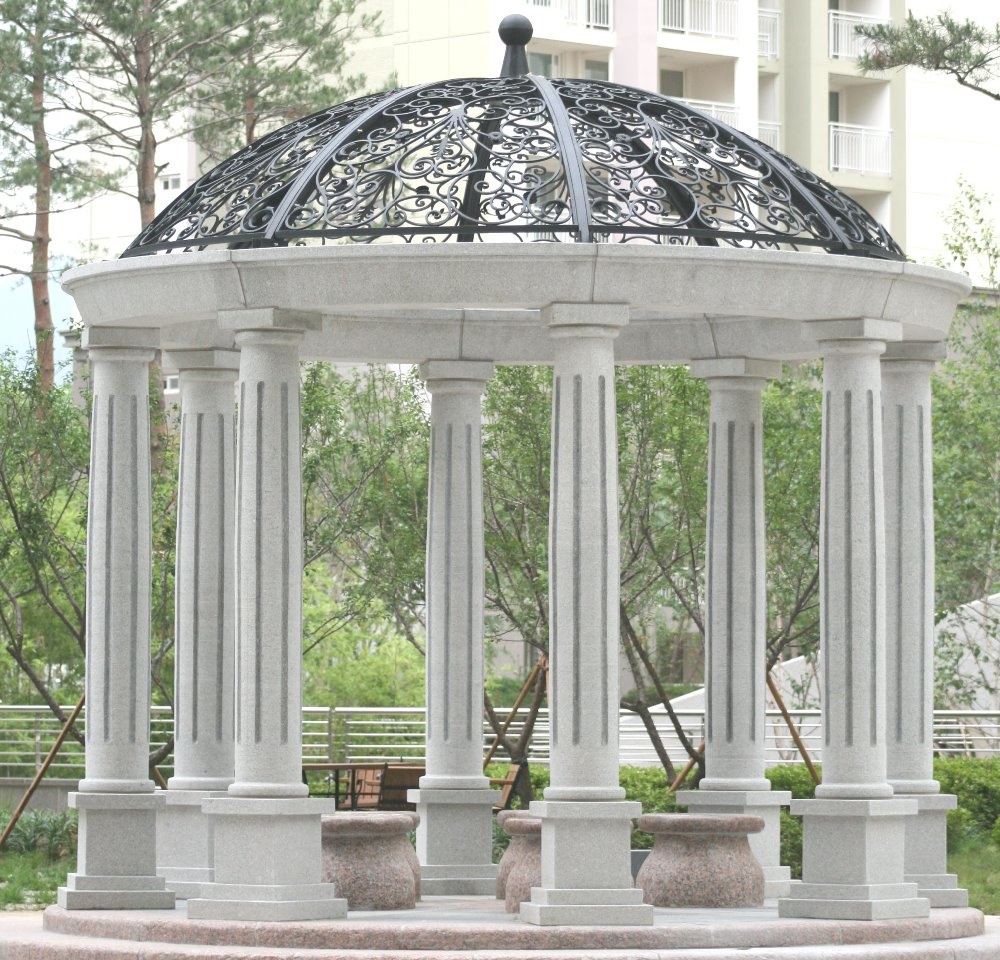 Gazebo de poste de piedra de diseño de pabellón de hierro forjado al aire libre