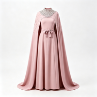 Abaya Cape Rose Poudré pour Femme, Col Montant, Ornée de Strass, Ceinture à Nœud, Robe Longue Fluide Musulmane, Robe de Soirée et de Mariage OEM