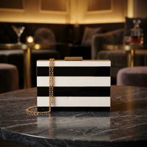 Black White Striped Clutch <b>Bag</b> with Gold Chain Luxury Evening <b>Purse</b> for Women Party Handmade Unique Style Latest Design Clutch - Product Image 1
