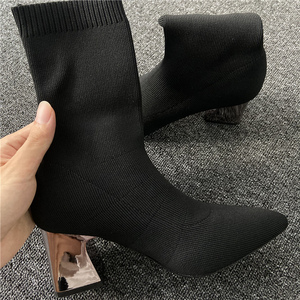 Botines Chelsea de Punto 100% de Fábrica para Mujer, Punta Puntiaguda, Tacón Cuadrado, Banda Elástica, Forro de Cuero Genuino, Transpirables, Otoño - Product Image 5