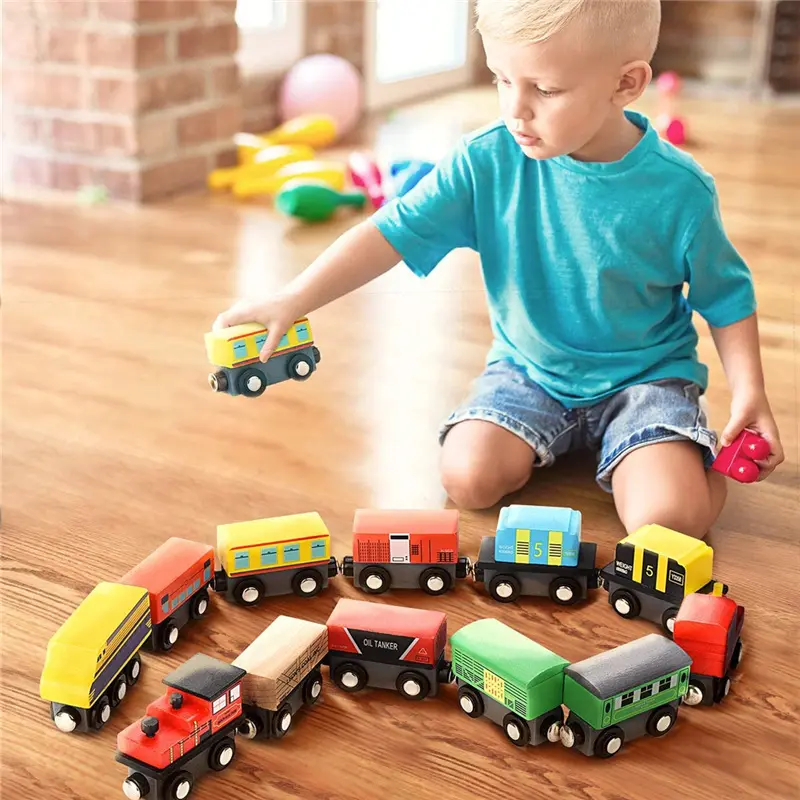 Çocuklar için eğitici oyuncak Montessori yapı taşı araba manyetik ahşap demiryolu oyuncak trenler çocuklar