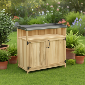 Caseta de jardín de madera natural para exteriores con 2 puertas, banco para macetas con superficie metálica y gabinete de almacenamiento para uso en el jardín. - Product Image 2