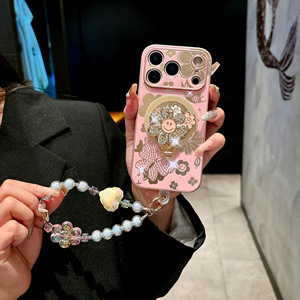 Cho Iphone 17 16 Pro Max Cộng Với Dễ Thương Hoa Kim Cương Rhinestone Bướm Từ Đứng Chủ Ngọc Trai Cổ Tay Chuỗi Điện Thoại Trường Hợp Bìa - Product Image 6