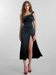 أنيقة واحدة الكتف فساتين ماكسي حفلة موسيقية كوتيل بلون واحد انقسام تنحنح النساء حزب اللباس - Product Image 2