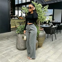 Ensemble sportif décontracté style coréen automne : haut court à col rond et manches longues, pantalon de survêtement taille haute à cordon de serrage et jambes larges