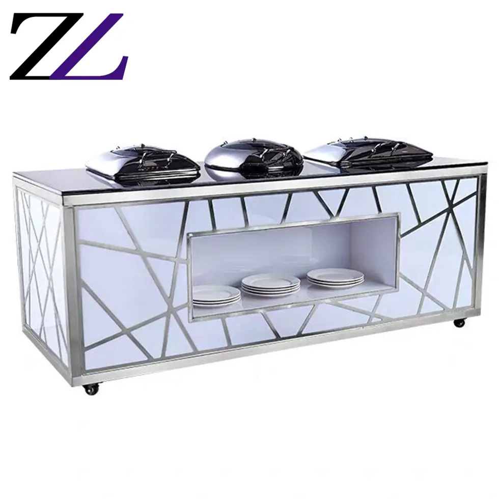 Luxury italian led furniture for events wheels onyx marble stone top hotel buffet table with food warmers induction dining table