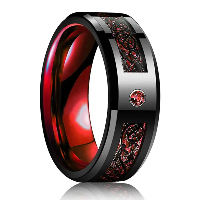 Bague Dragon celtique en acier inoxydable, 8mm, à rainure rouge, bord biseauté, incrustation de Zircon, bande en fibre de carbone rouge pour hommes