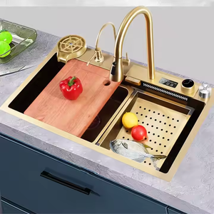 골드 나노 SUS 304 스테인레스 스틸 단일 그릇 주방 싱크 디지털 디스플레이 폭포 수도꼭지 황동 밸브 사각형 모양 - Product Image 2