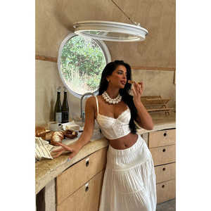 <b>White</b> Veronica Long <b>Leather</b> Wrap <b>Skirt</b> Casual Cotton-Knitted Empire Waistline Print Decoration for Spring/Summer/Autumn - Product Image 2