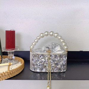 Sac à main de soirée de luxe pour femme, orné de diamants brillants, avec poignée en perles, sac à bandoulière à cordon, sac fourre-tout en velours français tendance - Product Image 2