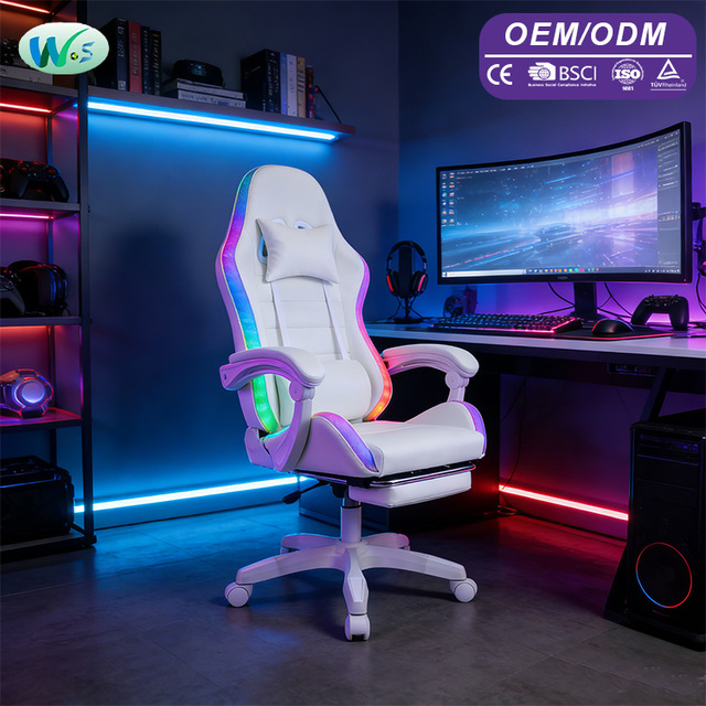 Wholesale Best Seller Modern White Gaming Chair Recliner Comfortable Swivel Design with RGB Lighting and Footrest WS8461