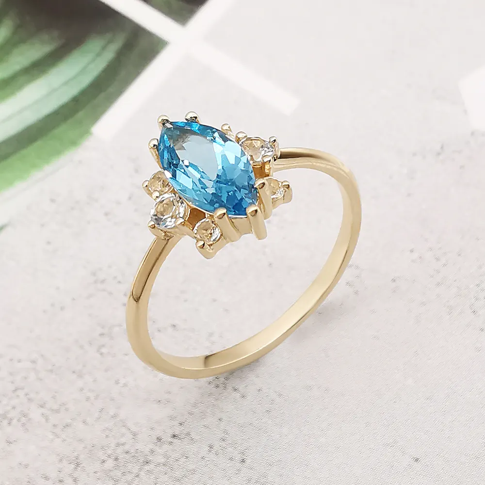 Natürlicher Edelstein Ring 14 Karat Echt Gold Blau Topas Ring Mode Big Stone Fingerring Schmuck