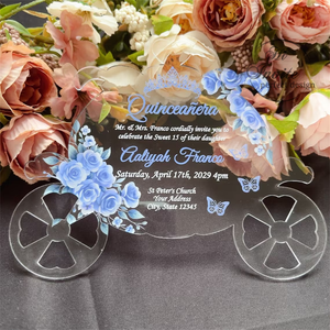 Invitations en acrylique pour Quinceañera, thème Citrouille Bleu Clair, style Cendrillon, avec fleur et <span class=keywords><strong>couronne</strong></span>, pour événements élégants et Bat Mitzvah - Product Image 1