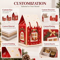 Scatola di Cartone Pieghevole a Forma di Casa con Finestra, Manico in Corda Rossa, Decorazione Natalizia, Confezione Regalo Personalizzata Stampata