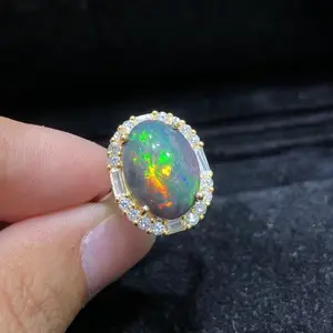 Black Opal Stone Natural 925 Sterling Silver Luxury Rings Opal Beads Shiny Colorful 10*14mm Big Opal Jewelry Rings For Ladies