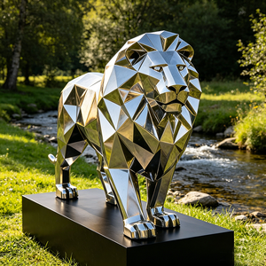 Sculpture de <span class=keywords><strong>lion</strong></span> géométrique moderne en acier inoxydable, poli miroir, grande statue de <span class=keywords><strong>lion</strong></span> en métal pour la décoration paysagère extérieure du jardin - Product Image 1