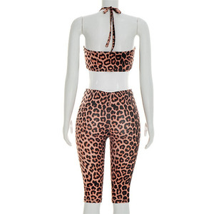 Sexy Leopard Print Two Piece Sets <strong>Women</strong> Halter Lace up Crop Top and Skinny <strong>Knee</strong> <strong>Shorts</strong> - Product Image 5