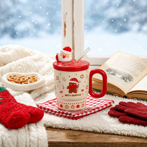 Mug de voyage en céramique 400 ml à motif de Noël original avec couvercle et paille en verre, écologique, réutilisable, sans danger pour les aliments, pour boissons chaudes, cadeau - Product Image 2