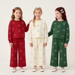 Conjunto de 2 piezas para niñas al por mayor: Sudadera de manga larga con estampado de lazo y ribete festoneado + Pantalones de pierna ancha, Conjunto informal tipo chándal - Product Image 1