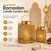 Lot de lanternes de luxe en métal doré pour le Ramadan, style marocain ajouré géométrique, pour la décoration de la maison et des mariages de l'Aïd