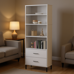 White Tall <b>Bookcase</b> With 4 Shelves And 2 Drawers Modern Living Room Furniture Pine <b>Wood</b> Construction - Product Image 2