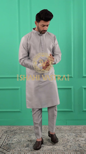 <b>Men</b> Silver-Grey Solid Dupion Silk Straight <b>Kurta</b> with Pajamas Traditional Ethnic Wear for Festive Occasions and Celebrations - Product Image 5