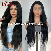 Wig Rambut Sintetis Premium Futura Fibra HD 13*4 Lace Front Hitam Model Body Wave Realistis Matte Tahan Panas