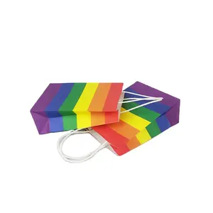 Mini saco de papel artesanal, padrão de arco-íris criativo 2022 com alça de papel branco