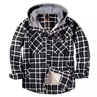 यूनिसेक्स कपास ऊन अस्तर के साथ बाहर काले और सफेद प्लेड और मखमल सर्दियों के गर्म hooded फलालैन शर्ट जैकेट