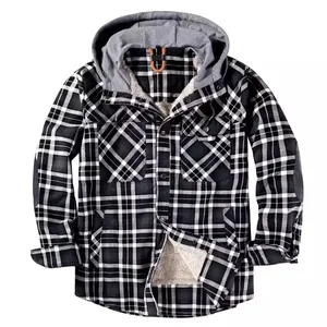 Уличная хлопковая куртка унисекс с флисовой подкладкой, черно-белая клетчатая и бархатная зимняя теплая Фланелевая рубашка с капюшоном