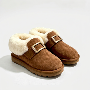 Bottes de neige pour femmes, bottes d'hiver en peau de mouton, à enfiler, doublées de peluche, bout fermé, semelle en caoutchouc antidérapante, chaussures plates de couleur unie - Product Image 5
